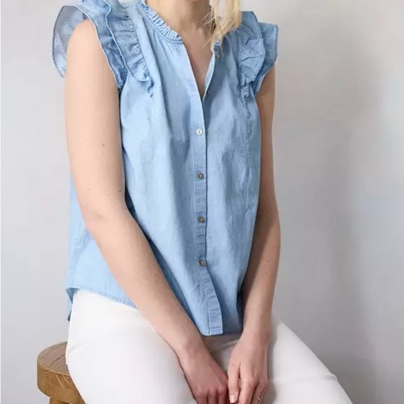 LC Lauren Conrad Women’s 100% Cotton Denim Sleeveless Ruffle Blouse Size: Large - Picture 5 of 12
